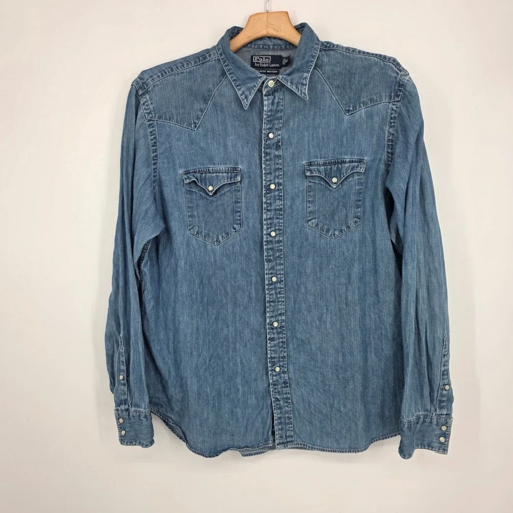 Vintage Ralph Lauren Classic Western Denim Shirt Mens XL Blue Pearl Snap